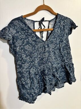 Abercrombie & Fitch Navy Blue Floral V-Neck Ruffle Top